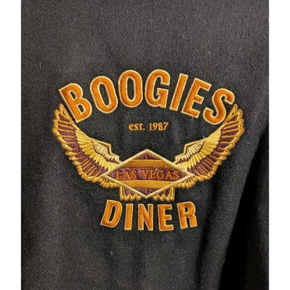 Vintage Boogie's Diner Las Vegas Bomber Varsity Jacket Wool Leather Black Large - Picture 12 of 16